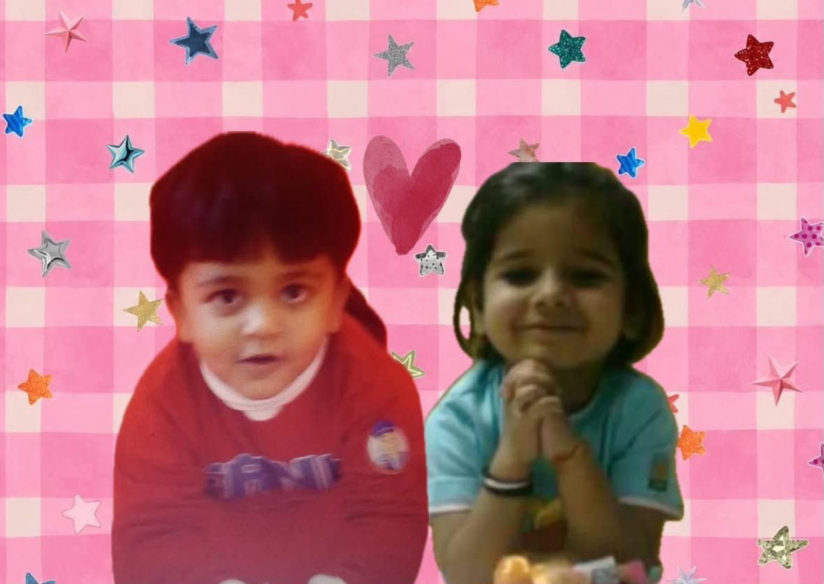 Childhood photo collage on a pink background